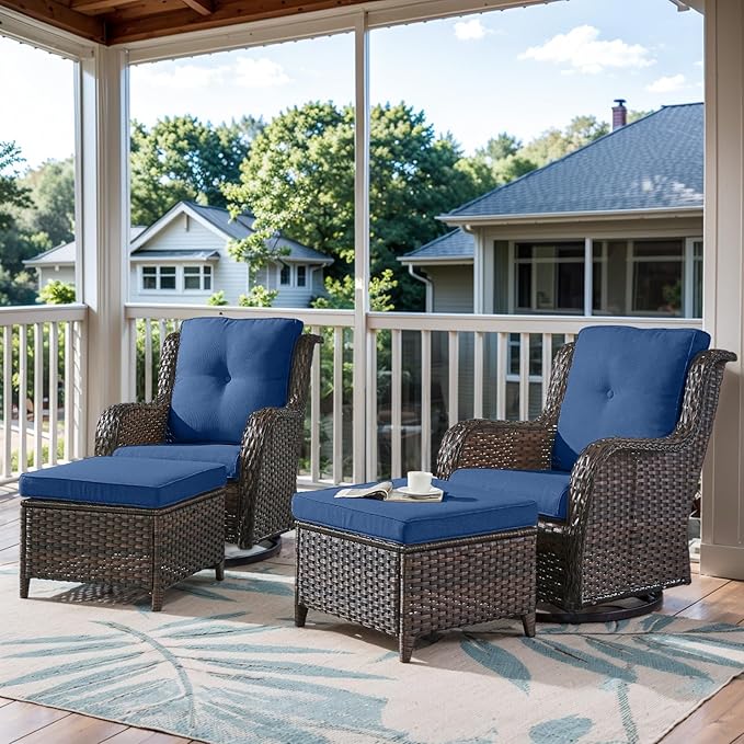 4 Pieces Patio Furniture Sets, Wicker Patio Swivel Glider Chair with Ottomans, Outdoor Furniture Set for Outside Porch, Deck, Balcony, Garden-VerdiqueGarden