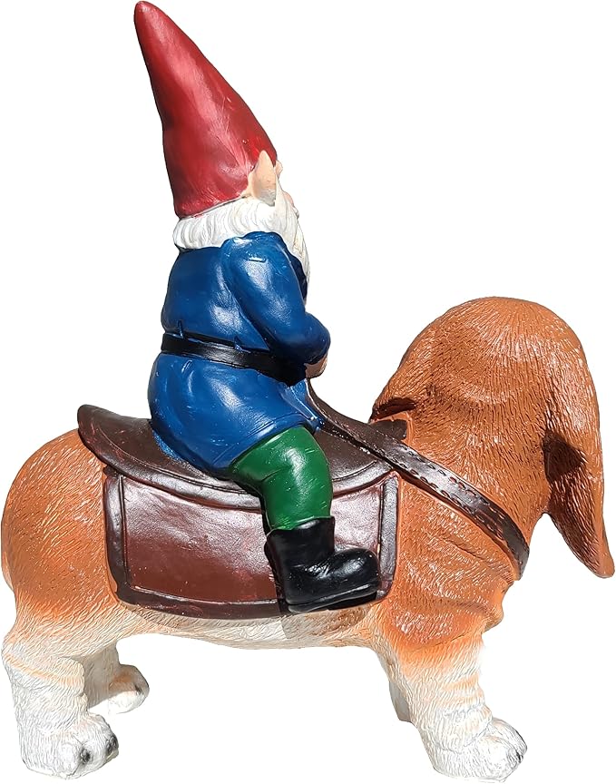 Funny Guy Mugs Gnome Riding A Basset Hound - Funny Garden Gnomes Gifts for Women - Garden Gnomes for Outdoors - Gifts for Dog Lovers - Indoor/Outdoor Garden Gnome Sculpture for Patio, Yard or Lawn-VerdiqueGarden