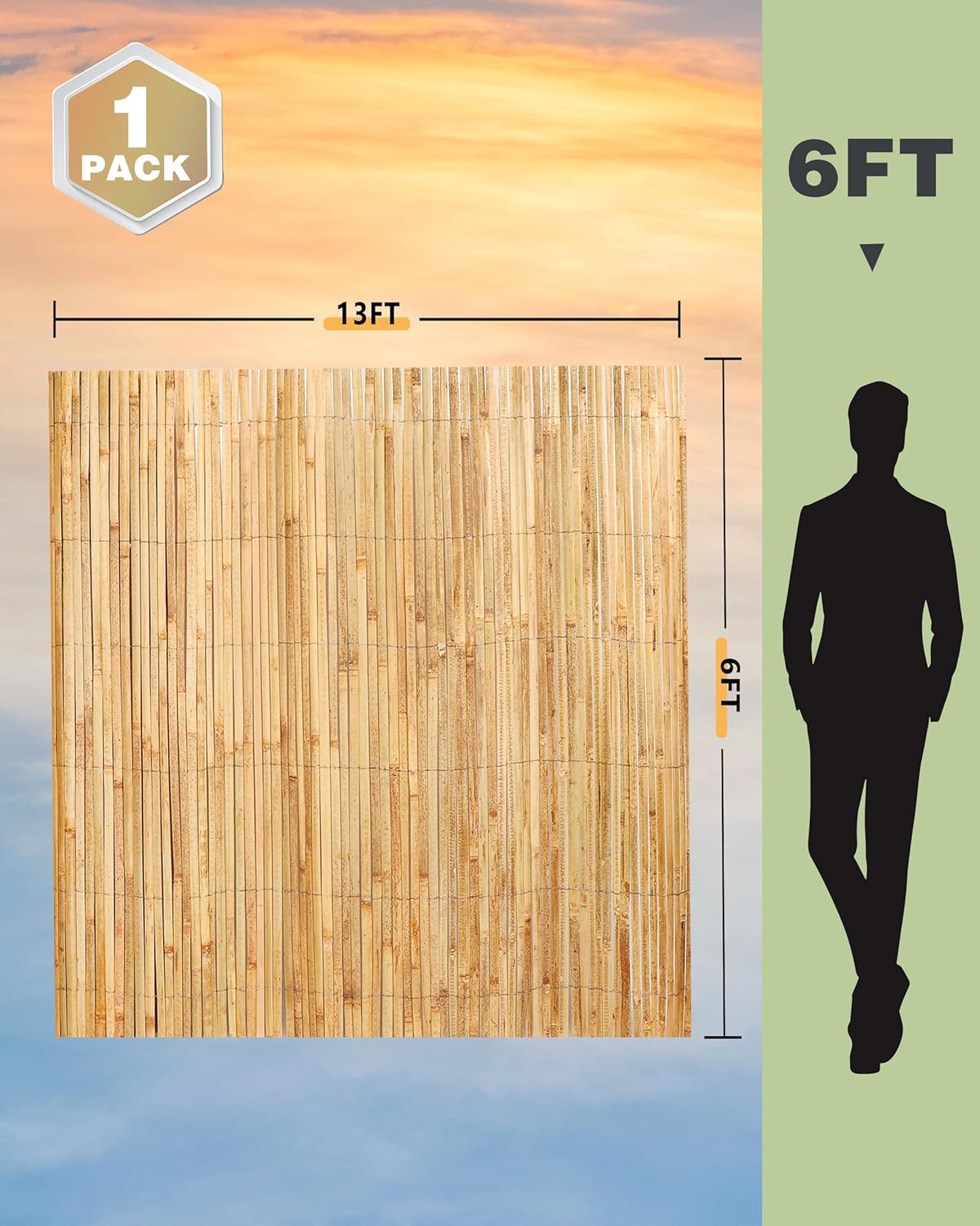 Bamboo Privacy Fence Roll 6ft x 13ft, Natural Bamboo Slat Screening Panels for Outdoor Garden, Yard, Patio, Balcony Privacy Screen-VerdiqueGarden