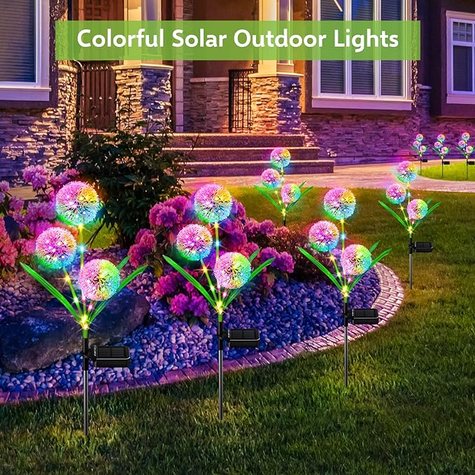 4 Pack Solar Garden Lights Outdoor Decor, New Version 12 Glowing Dandelion Lights & Stems with 144 Colorful LED, 2 Modes Control Solar Lights Outdoor Waterproof IP65 for Yard, Lawn, Pathway-VerdiqueGarden