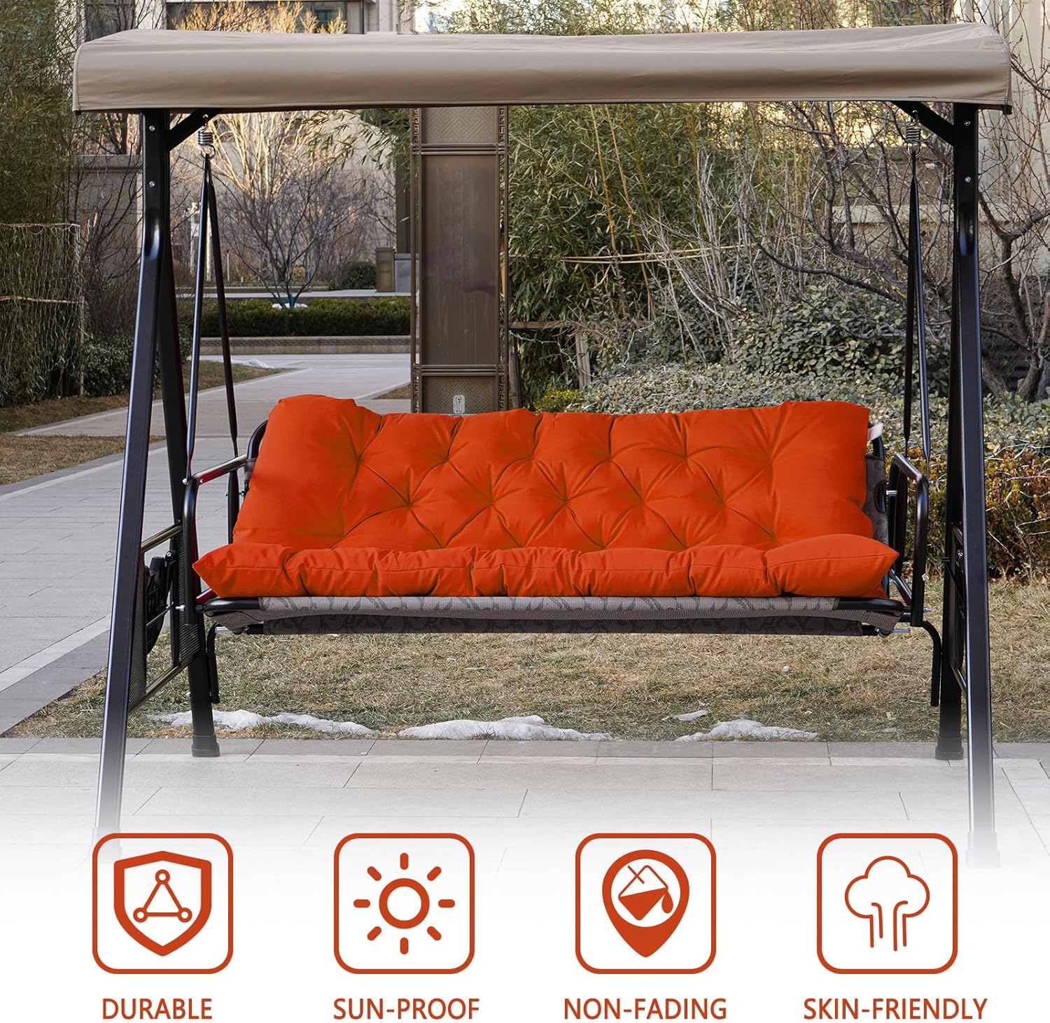 Porch Swing Cushions,Outdoor Cushions 3 Seater Replacement with Backrest, Waterproof Thickened Bench Cushion with Ties for Porch, Patio,Outdoor, Backyard and Garden (Orange 60 * 40 in)-VerdiqueGarden