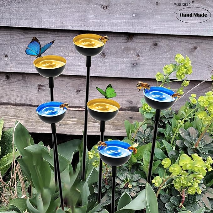 2 Pack Bee Cups For Garden, Bee Waterer And Butterfly Water Stations, Bee Water Catcher Cups For Thirsty Pollinators, Bee Bath, Colorful Metal Garden Sculpture Stakes Decor, Bee Houses For The Garden-VerdiqueGarden