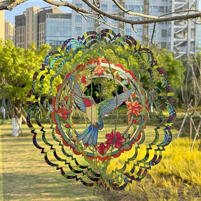 Metal Wind Spinners - Hummingbird 12 inch 3D Stainless Steel Hanging Wind Spinner Metal, Gifts for Women Mom Grandma Wife, for Indoor/Outdoor Decor, Yard Art, Garden Decoration-VerdiqueGarden