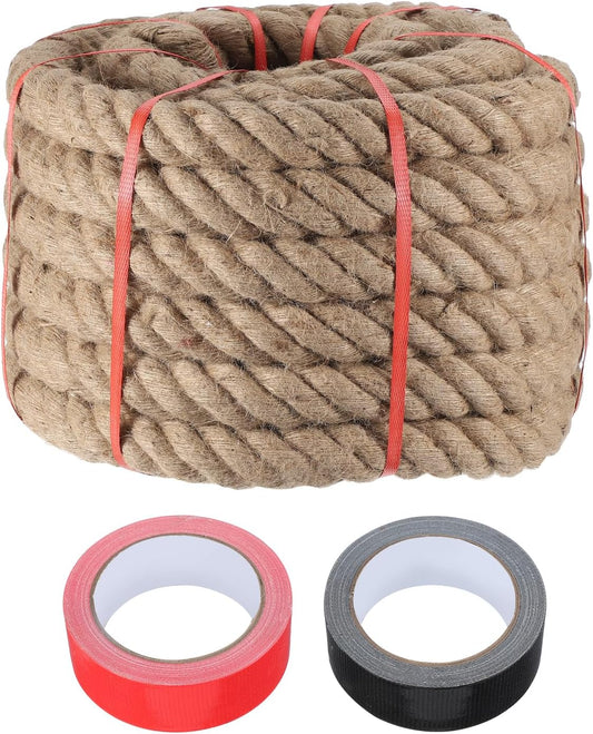 MECCANIXITY Jute Rope 2 Inch x 75ft, Thick Twine Rope Ropes Braided Jute Twine Natural Brown Burlap Cord String Heavy Twisted with Tapes for Decorative Crafts Railing Swing Tug of War-VerdiqueGarden