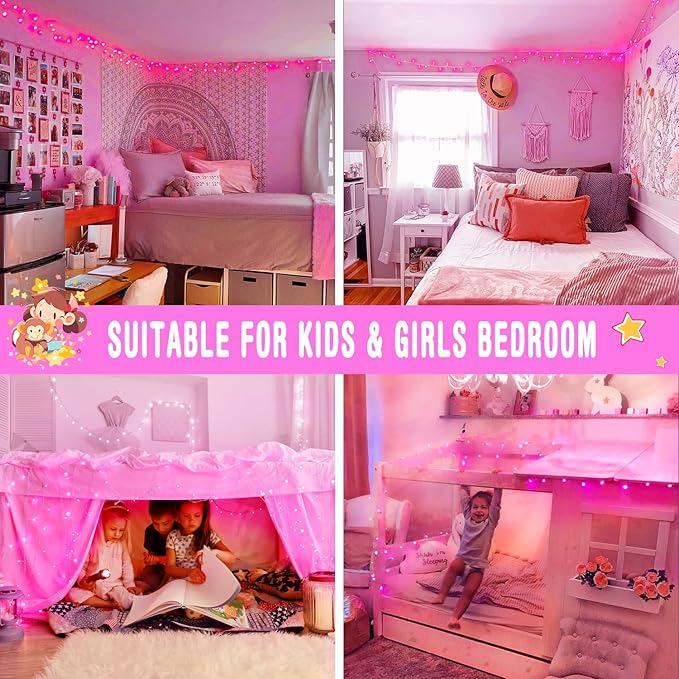 JMEXSUSS 66 Ft Pink Lights for Room Decor, 200 LED Pink String Fairy Christmas Lights Clear Wire Plug in for Bedroom Indoor Outdoor Girl's Room Decorations-VerdiqueGarden