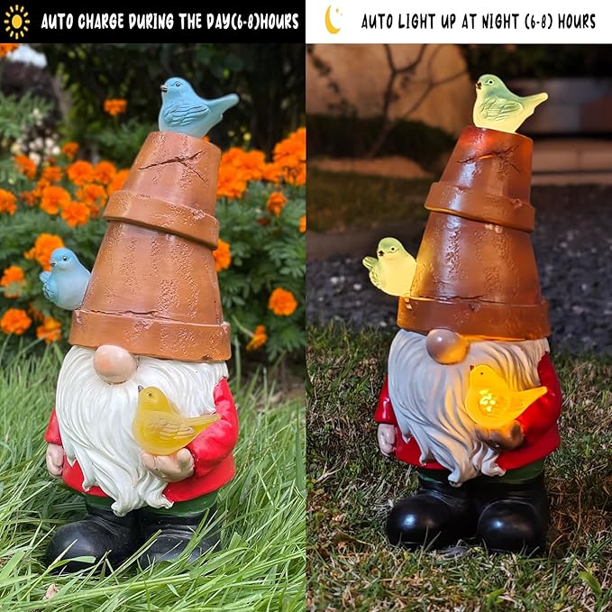 Solar Garden Figurine, Cute Resin Gnome Sculpture, Garden Statues Outdoor Decor, Funny Gnome Gift Sculpture Decoration for Home Patio Yard Lawn Porch Ornament-VerdiqueGarden