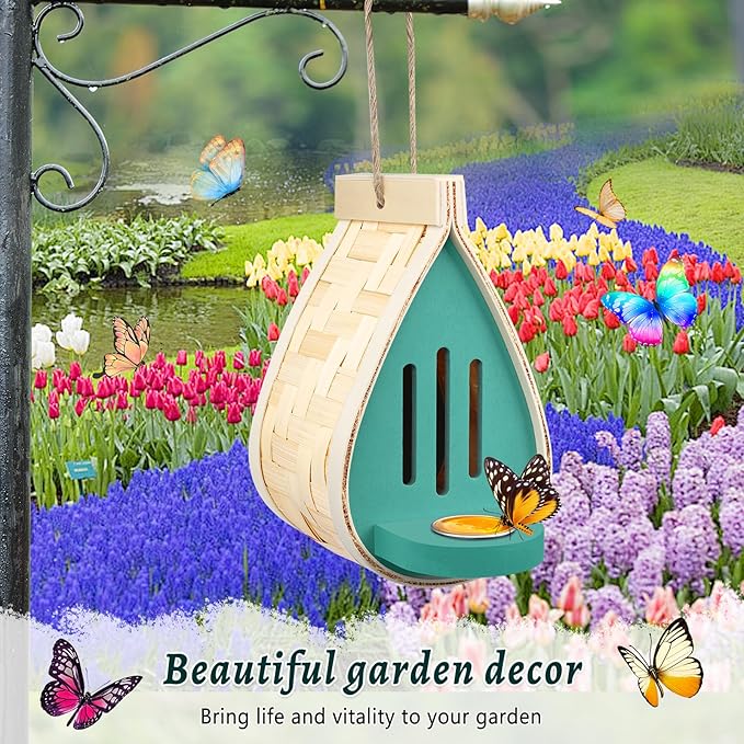 2 Pcs Butterfly House and Feeder, Wooden Hanging Butterfly House for Garden, Natural Butterfly Habitat with Butterfly Puddler for Bugs, Butterflies, Moths, Lacewings-VerdiqueGarden