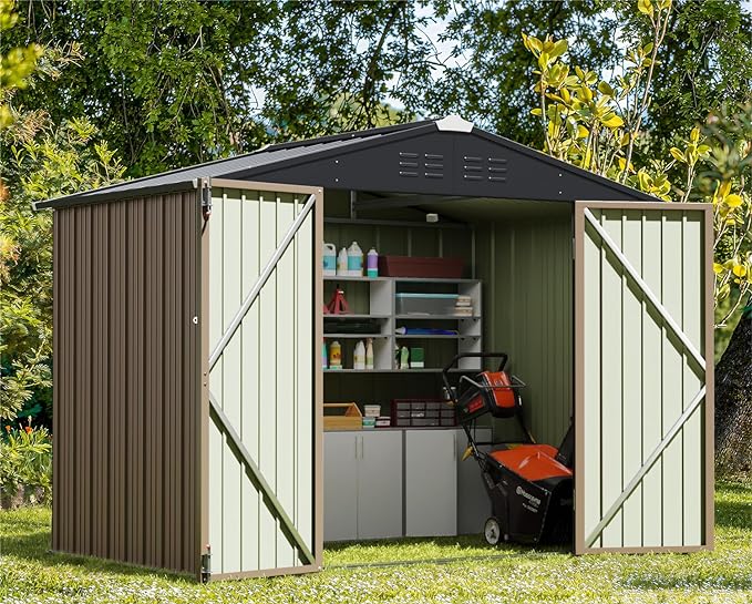Greesum Outdoor Storage Shed 6 x 8 ft. Utility Tool Shed Metal Storage Garden Shed with Door & Lock for Patio Storage, Brown-VerdiqueGarden