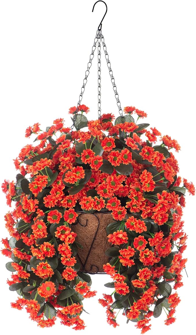 Hanging Baskets Artificial Flowers for Outdoor Interior Decor, Artificial Daisies Flowers Shrubs Plants with Baskets for Home Porch Garden Patio Patio Spring Summer Decor(Orange)-VerdiqueGarden