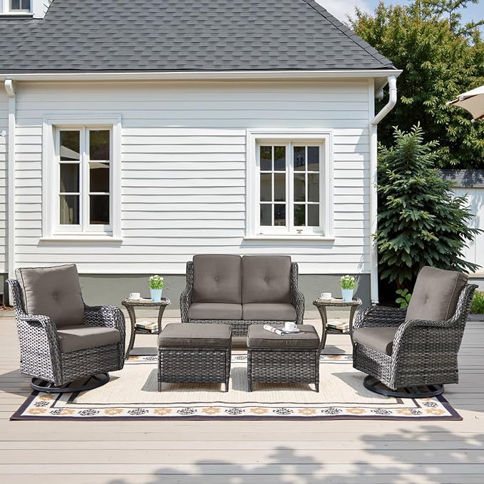 Outdoor Patio Furniture Set - 7 Piece Gray Wicker Conversation Patio Furniture Set All Weather Swivel Chairs with Ottoman and Loveseat Glider Chair for Deck Balcony Backyard-VerdiqueGarden