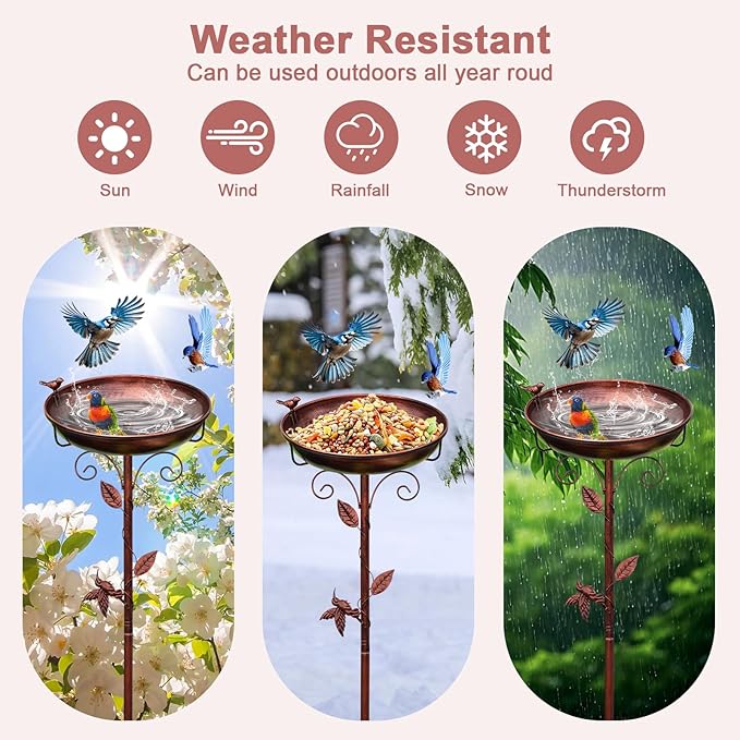 Metal Bird Bath for Outside with 2 Bird Decor, Hummingbird on Pole & Sparrow on Bowl, 38.5 Inch Height Garden Birdbath, 12 Inch Antique Bronze Freestanding Birdfeeder Bath for Yard Patio-VerdiqueGarden