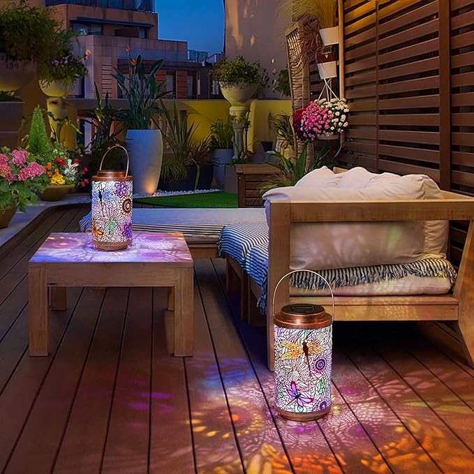 Go2garden 2Pack Solar Outdoor Lanterns Waterproof Dragonfly Garden Gifts for Women Patio Decor Lights Metal Lantern for Yard, Tabletop, Porch, Outside,Mothers Day Gifts for Mom Women-VerdiqueGarden