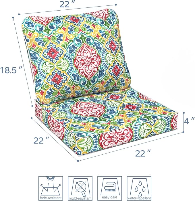 LVTXIII Outdoor Deep Seat Cushion Patio Seat and Back Cushion Set Seasonal Chair Cushion for Dining Arm Chairs, Wicker Chairs and Garden Furniture Decoration, 22"x22"x4", Damask Red-VerdiqueGarden