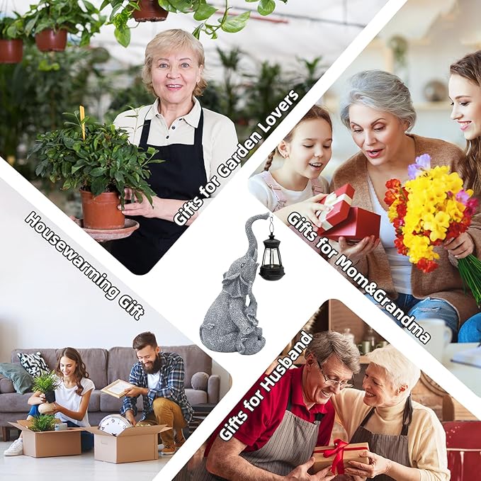 Solar Garden Elephant Statue Outdoor Decor, Cute Elephant Figurines Waterproof Garden Decor with Solar Lantern, Small Elephant Decor for Garden Yard Art Lawn Porch, Garden Gifts for Women (Elephant)-VerdiqueGarden