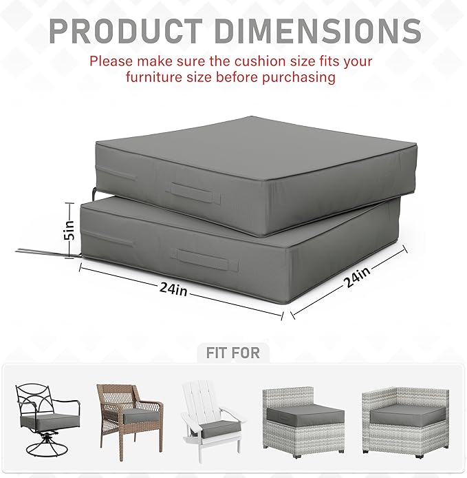 Patio Chair Cushions 24 X 24 X 5 Inch Waterproof Outdoor Seat Cushions for Patio Furniture, Outdoor Sofa Couch Pads with Ties & Handle, Set of 2, Light Grey-VerdiqueGarden