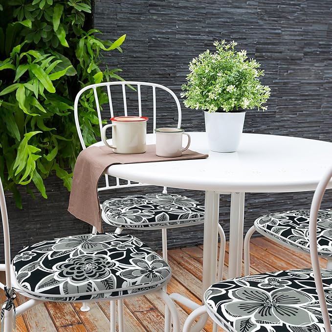 Indoor/Outdoor Chair Cushions 16x17 Inch, Patio Chair Cushions with Ties, All Weather Seat Cushions for Patio Furniture Home Garden Chair Use, Set of 4,Flower Black-VerdiqueGarden