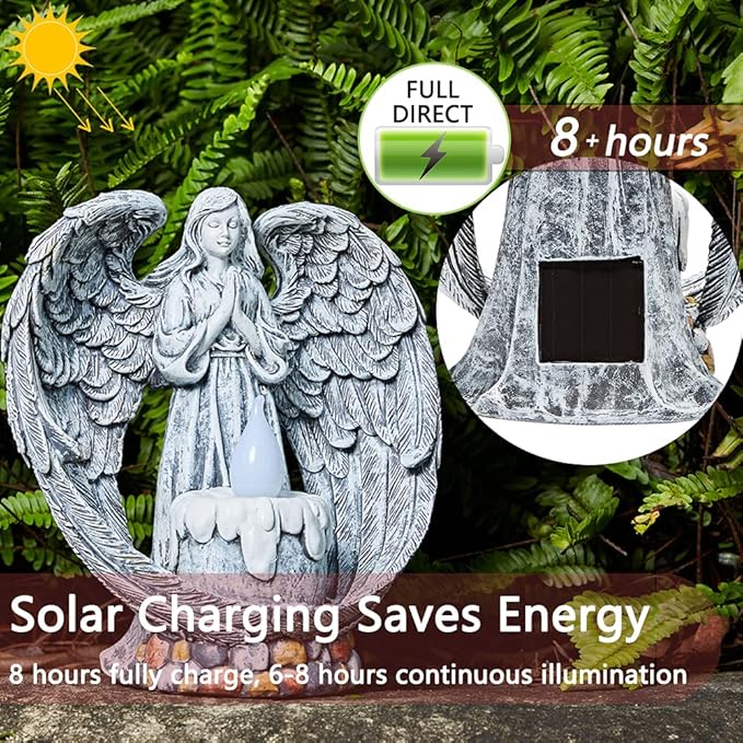 Angel Garden Statues Outdoor Cemetery Decorations for Grave Take The Cross Praying Wings Angel Figurine Cemetery Lights Patio Lawn Yard Porch Decorations 10.24 Inch-VerdiqueGarden