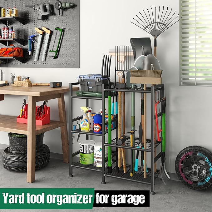 keomaisyto Garden Tool Organizer for Garage Organization, 3 Tier Yard Tool Storage Rack with 35 Long-Handled Tool Slots, Heavy Duty Garden Tool Holder with Large Hooks for Shed, Yard, Garage-VerdiqueGarden