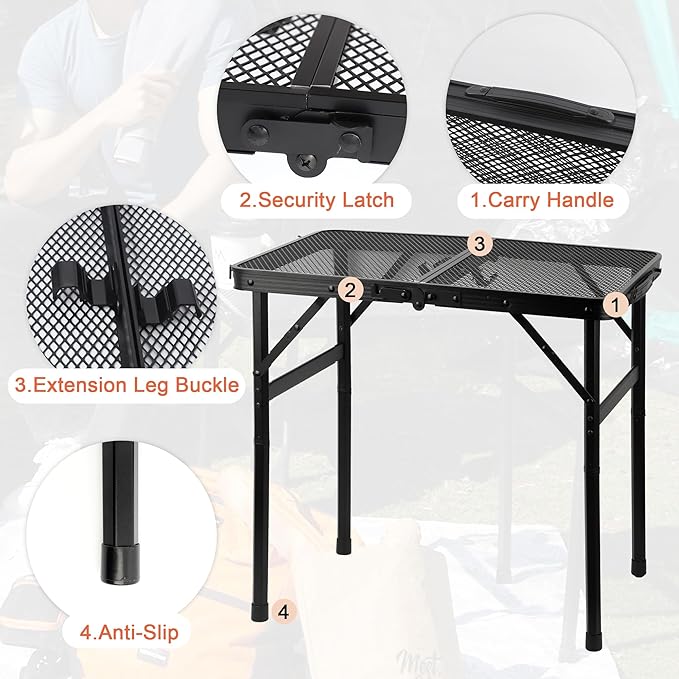 Camping Table with Mesh Desktop, Lightweight & Portable Small Folding Grill Table, Height Adjustable Metal Outdoor Table for Camp, Cooking, BBQ, RV, Picnic-2 FT Black-VerdiqueGarden