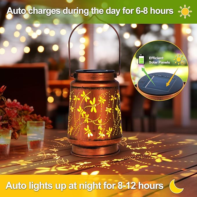 Mothers Day Gifts, 4 Packs Solar Lanterns Outdoor Hanging Lantern Lights, 4 Dragonfly Hollowed-Out Metal Decor Lantern, Waterproof LED Decorative Garden Light Gifts-VerdiqueGarden