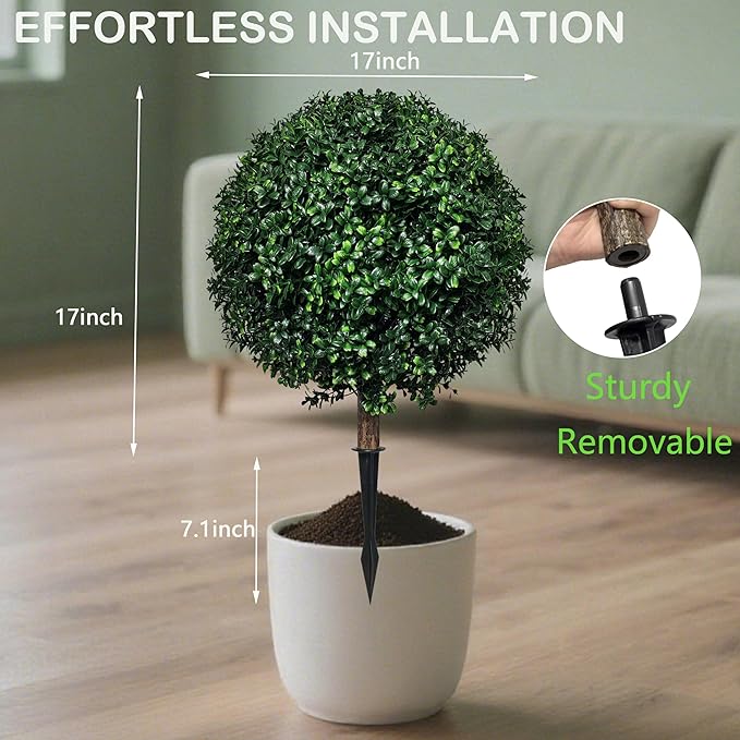 Artificial Boxwood Topiary Ball Tree Outdoor Set of 2,Artificial Boxwood Plants with Ground Spike,Faux Shrubs Fake Evergreen Tree UV Resistant,Diameter 17"-VerdiqueGarden