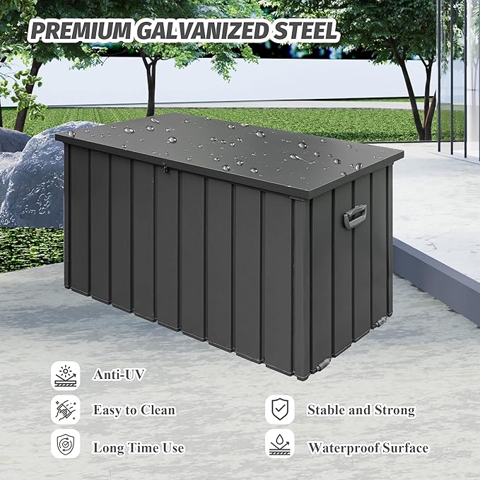 Domi Deck Box 190 Gallon, Waterproof Lockable Steel Outdoor Storage Container for Outside Cushions, Garden Tools and Pools Equipment, Gray-VerdiqueGarden
