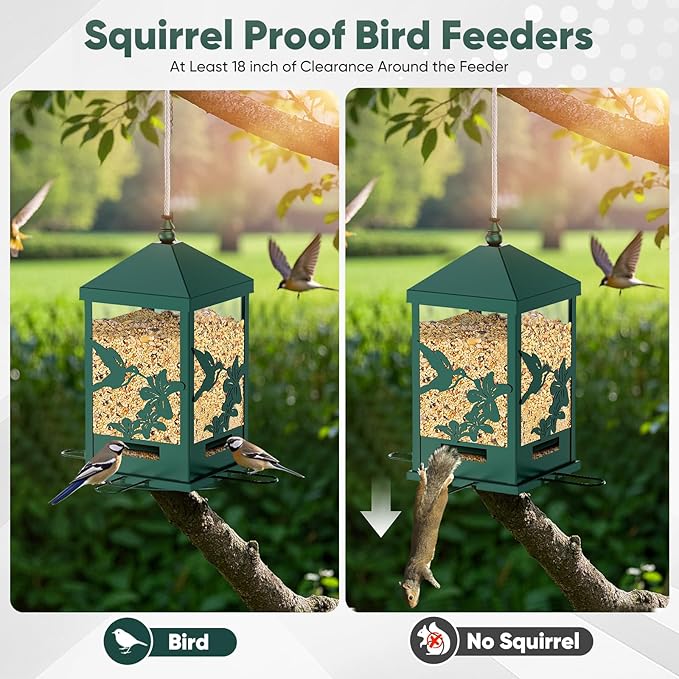 Squirrel Proof Bird Feeders for Outdoors, 6LBS Extra Large Capacity Hanging Metal Bird Feeder with Weight-Activated Perches, Wild Bird Feeders for Outside Finch, Cardinal, Blue Jay-VerdiqueGarden