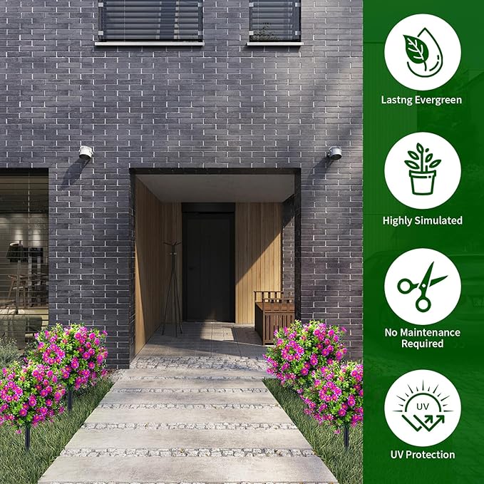 23.6" Artificial Boxwood Topiary Ball Trees with Purple Flowers, Set of 2 UV Resistant No Fade Outdoor Faux Plants with Ground Spike, Fake Shrubs for Garden, Patio, Porch, Yard, Indoor Decor-VerdiqueGarden