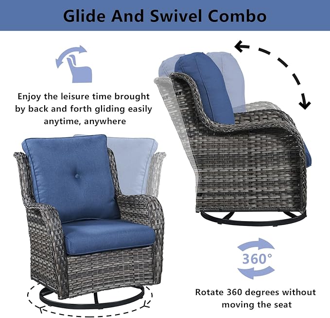 Wicker Outdoor Furniture Patio Furniture Set - 6 Piece Patio Conversation Set with Swivel Rocker Chairs, Loveseat Sofa, Ottomans and Coffee Table, Blue Cushion-VerdiqueGarden