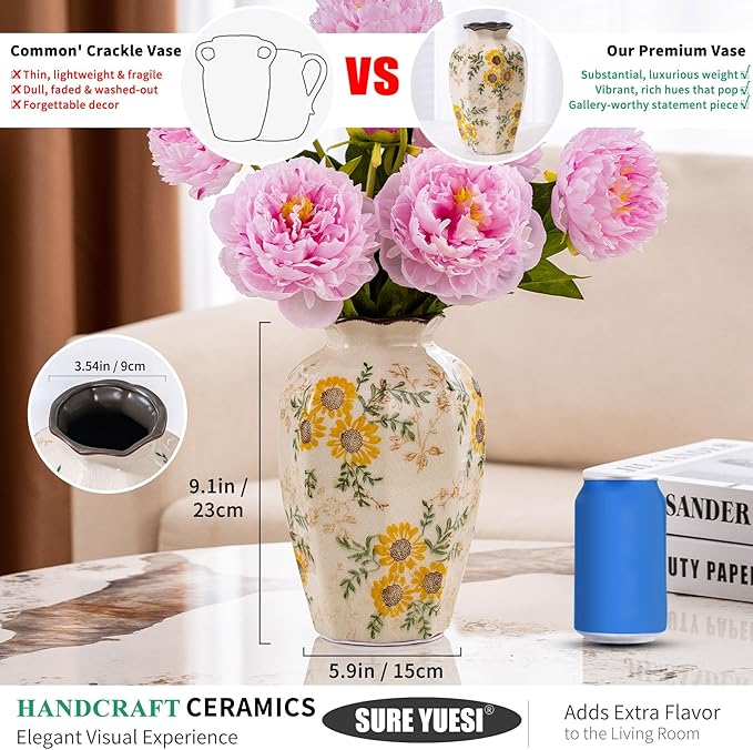 Hand-Painted Sunflower Vintage Ceramic Octagonal Vase, Green Yellow Beige Flower Vases for Bouquet, Fireplace Mantle, Table Centerpieces, Bookshelf, Office, Chinoiserie Floral Home Decorations 9.1 in-VerdiqueGarden