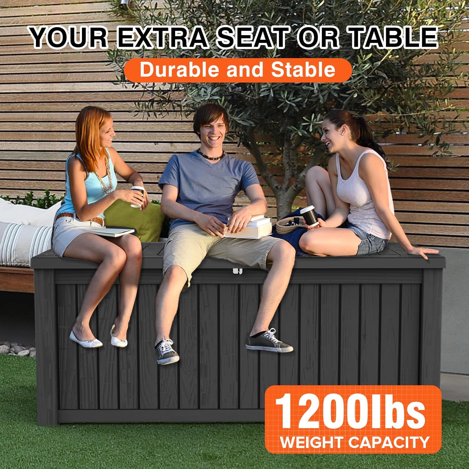 150 Gallon Double-Wall Resin Deck Box - Lockable Waterproof Outdoor Storage Box, 1000lbs Capacity & Doubles as Seating for Patio Furniture - Garden Tools, Pool Accessories (Black)-VerdiqueGarden