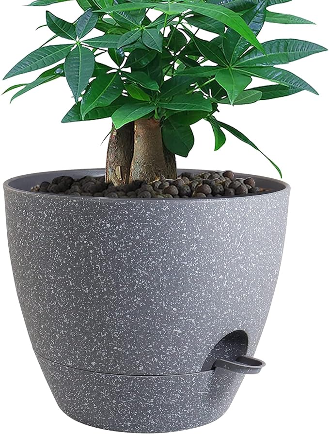 12 inch Large Self Watering Pots, Plastic Planters with 60oZ Removable Deep Reservoir and Multi Mesh Drainage Holes for Indoor Outdoor Garden Plants and Flowers, Grey Speckles-VerdiqueGarden