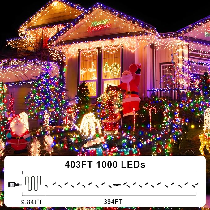 KNONEW 403FT 1000 LED Christmas Lights Color Changing Outdoor String Lights with 11 Modes & Timer Fairy Light Plug in Waterproof Fairy Lights for Xmas Yard Tree Wedding Party(Warm White to Multicolor)-VerdiqueGarden