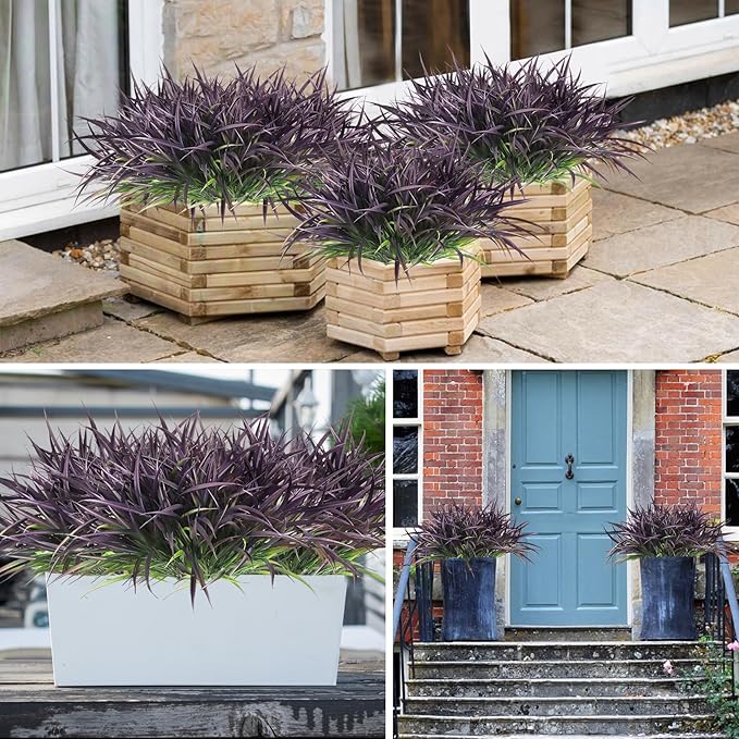 Ouddy Decor 16 Bundles Artificial Plants Outdoor Fake Grass Greenery Stems UV Resistant Faux Plastic Shrubs for Autumn Garden Pathway Front Porch Home Harvest Thanksgiving Halloween Decor, Purple-VerdiqueGarden