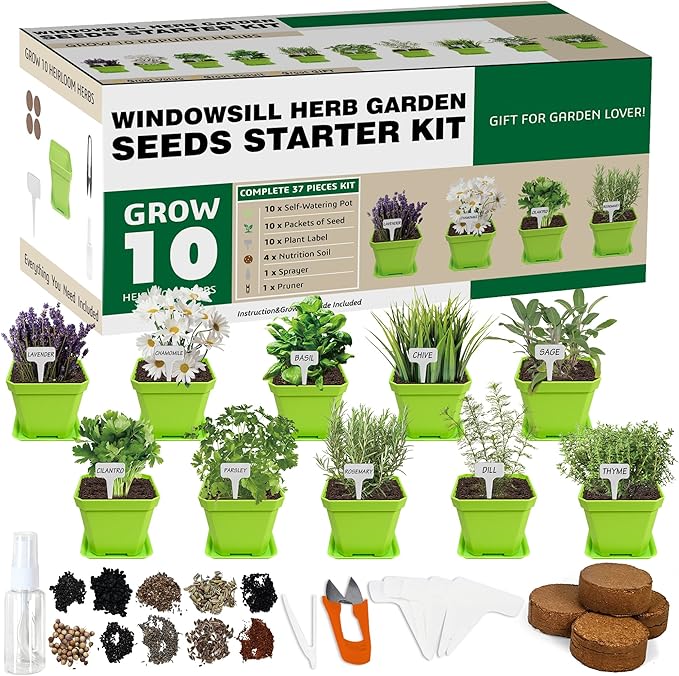 10 Herb Seeds Garden Starter Grow Kit with Green Pots, Markers, Nutritional Soil, Watering, Herb Clipper, Complete Indoor Potted Plant Growing Set for Kitchen DIY-VerdiqueGarden
