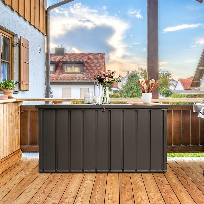 Domi Outdoor Deck Box 100 Gallon, Waterproof Lockable Steel Outdoor Storage Container for Outside Cushions, Garden Tools and Pools Equipment (Dark Brown)-VerdiqueGarden