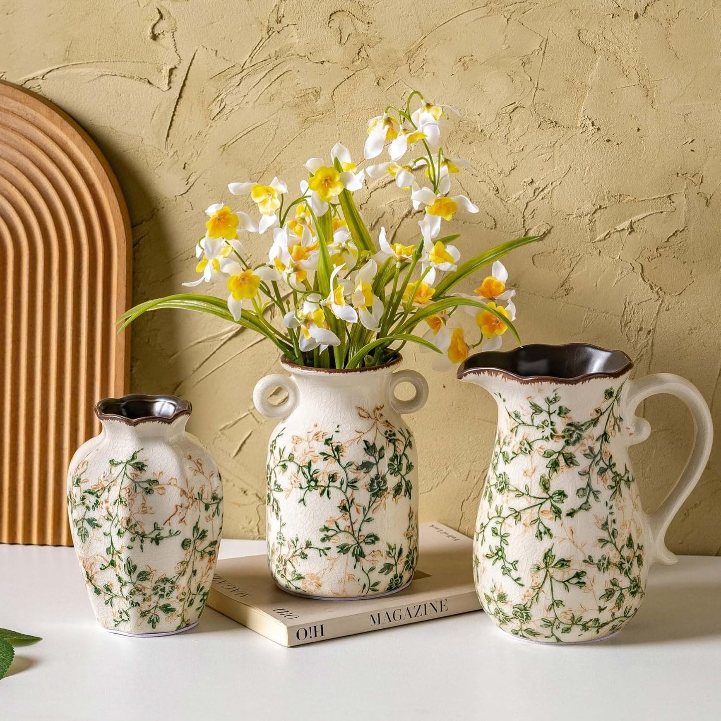 Ceramic Vases Set of 3, Green & Beige Chinoiserie Flower Pitcher Vase, Farmhouse Vintage Floral Vase Home Decor for Mantle, Fireplace, Kitchen Counter, Living Room Bookshelf Rustic Table Centerpiece-VerdiqueGarden