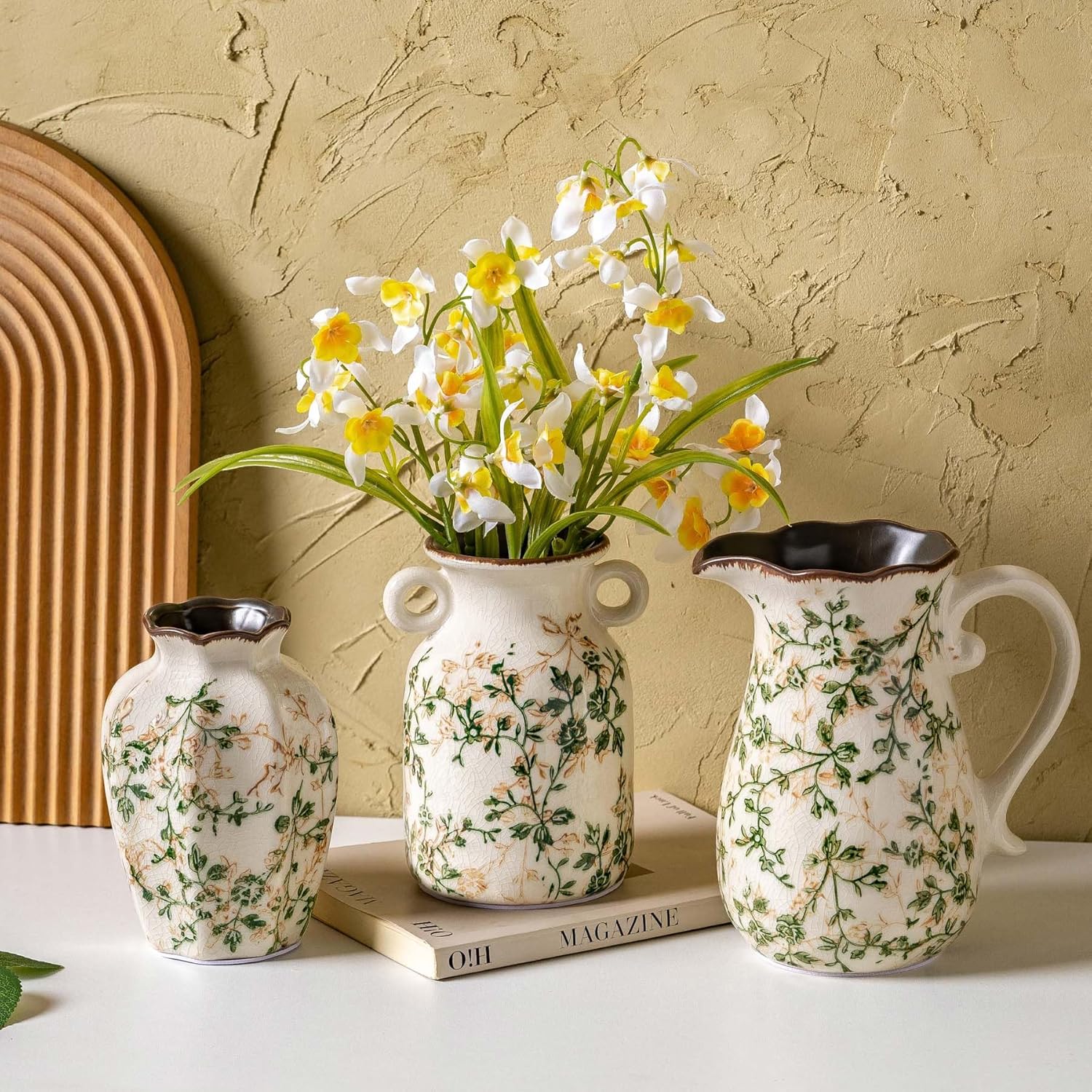 Ceramic Vases Set of 3, Green & Beige Chinoiserie Flower Pitcher Vase, Farmhouse Vintage Floral Vase Home Decor for Mantle, Fireplace, Kitchen Counter, Living Room Bookshelf Rustic Table Centerpiece-VerdiqueGarden