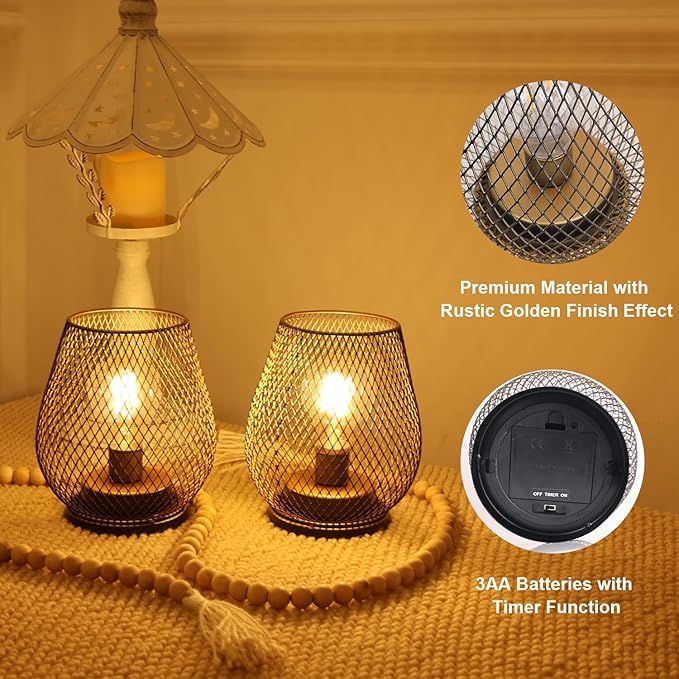 DECORKEY Set of 2 Battery Operated Lamp LED Table Lantern, Golden Metal Cage Cordless Lamps with LED Bulb，Vintage Decorative Outdoor Lantern for Weddings, Parties, Patio, Events for Indoor Shelf Decor-VerdiqueGarden