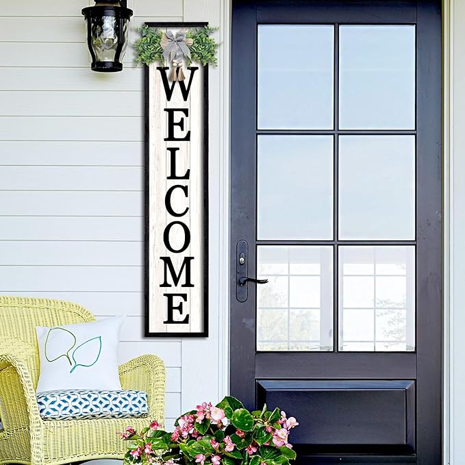Surfapans Welcome Sign for Front porch Standing 45"X9"Large Wood Frame Outdoor Tall Welcome Signs Vertical Decor for Farmhouse Rustic Home Modern Outside Front Door Wall Decorations (Black)-VerdiqueGarden