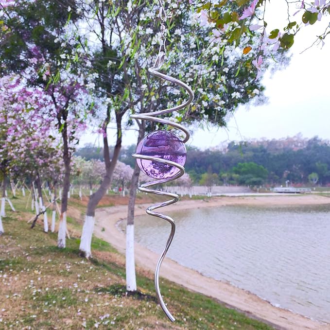 Fonmy Purple Gazing Ball Spiral Tail Wind Spinner Stabilizer with Swivel Hook 11inch Stainless Steel Tail and 2 inch Purple Glass Orb. Indoor Outdoor Garden Decoration Hanging Ornaments-VerdiqueGarden
