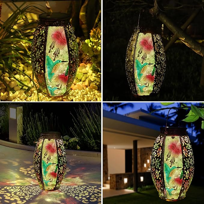 Solar Lanterns Outdoor Hanging Light - Solar Powered Hummingbird Glass LED Lights Decorative Waterproof Tabletop Lamp with Hollowed-Out Design for Indoor Yard Table Patio Garden Pathway Holiday-VerdiqueGarden