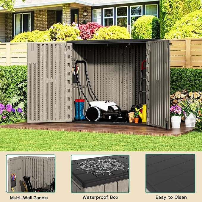 KINYING Outdoor Horizontal Storage Sheds,Outdoor Storage Cabinet Waterproof Resin Tool Storage Box for Lawn Mower,Garden Tools and Patio Furniture, Lockable (Brown)-VerdiqueGarden