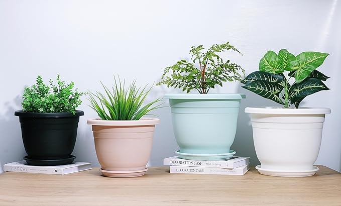 5 Packs 12 inch Flower Pots + Saucer, Planters for Indoor & Outdoor Plants with Drainage Holes | Plastic Flower Pots, Large Planter (White, 12 inch)-VerdiqueGarden