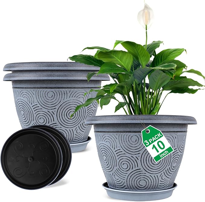 10 Inch Flower Pots Planters for Indoor Outdoor Plants, 3 Pack Plastic Large Plant Pots with Drainage Hole & Tray, Modern Decorative Garden Pot with Saucer, Plant Container for House-VerdiqueGarden
