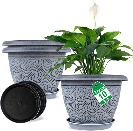10 Inch Flower Pots Planters for Indoor Outdoor Plants, 3 Pack Plastic Large Plant Pots with Drainage Hole & Tray, Modern Decorative Garden Pot with Saucer, Plant Container for House-VerdiqueGarden