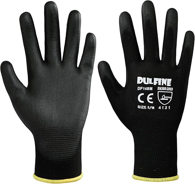 DULFINE Ultra-Thin PU Coated Work Gloves-12 Pairs,Excellent Grip,Nylon Shell Black Polyurethane Coated Safety Work Gloves, Knit Wrist Cuff,Ideal for Light Duty Work. (Extra Large)-VerdiqueGarden