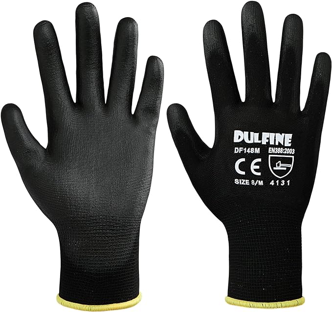 DULFINE Ultra-Thin PU Coated Work Gloves-12 Pairs,Excellent Grip,Nylon Shell Black Polyurethane Coated Safety Work Gloves, Knit Wrist Cuff,Ideal for Light Duty Work. (Small)-VerdiqueGarden