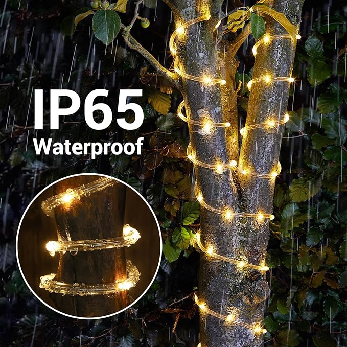 Solar Rope Lights, 66ft 200LED String, 8 Modes Waterproof Powered Outdoor, Flexible Clear Tube for Garden, Backyard, Patio, Deck, Porch, Pool, Tree Decor - Warm White-VerdiqueGarden