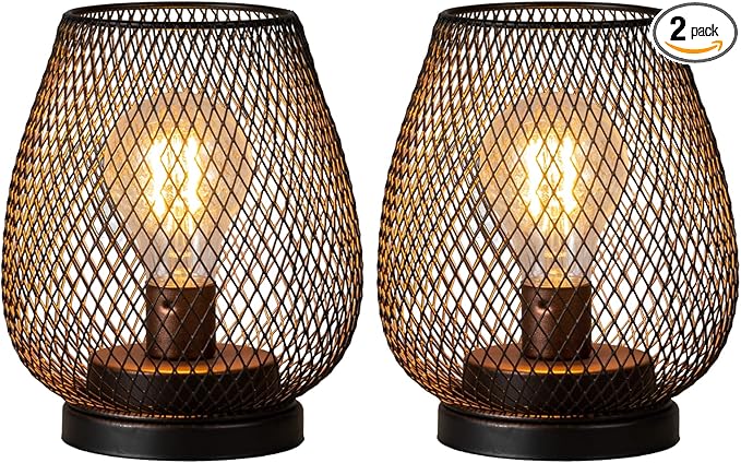 DECORKEY Set of 2 Rechargeable LED Table Lantern, Brown Metal Cage Cordless Lamps with LED Bulb，Vintage Decorative Outdoor Lantern for Weddings, Parties, Patio, Events for Indoors Shelf Decor-VerdiqueGarden